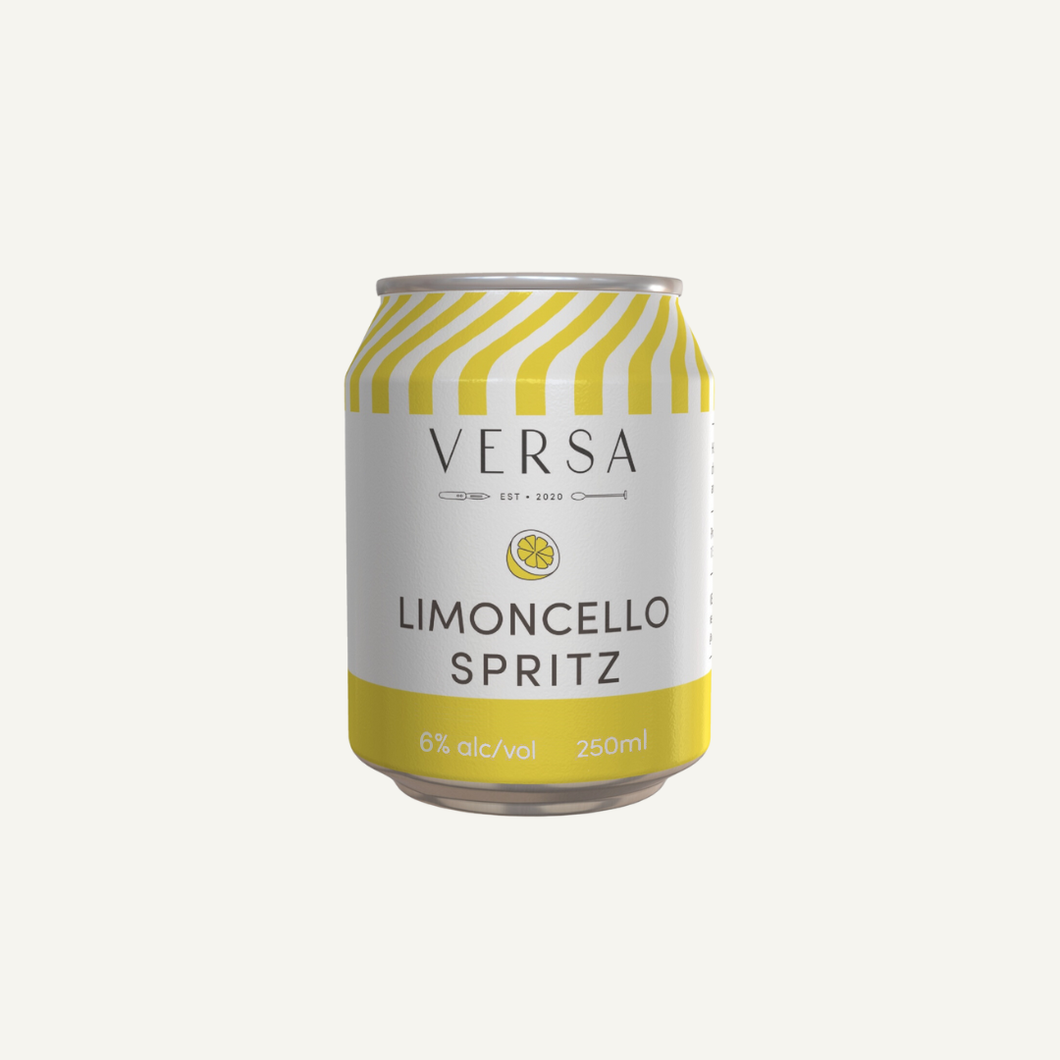 A can of Versa Limoncello Spritz with a striped yellow and white design, indicating 6% alcohol volume and 250ml volume.